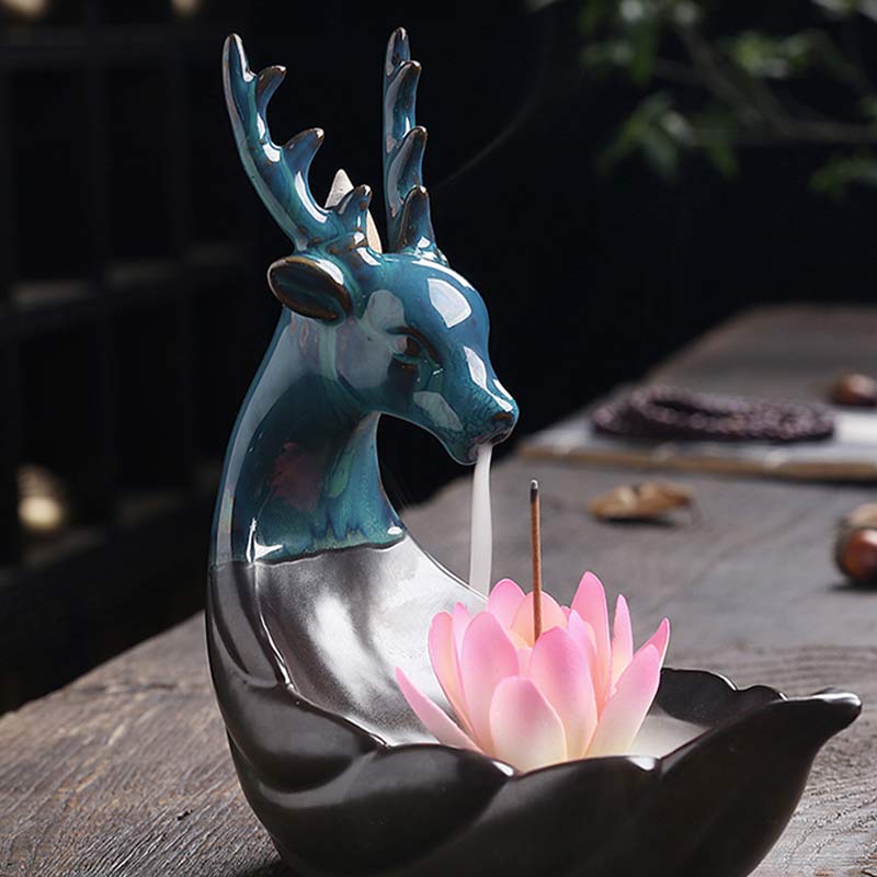 ATELIER-TIBET – Brûleur d’Encens en Céramique Lotus & Cerf à Reflux
