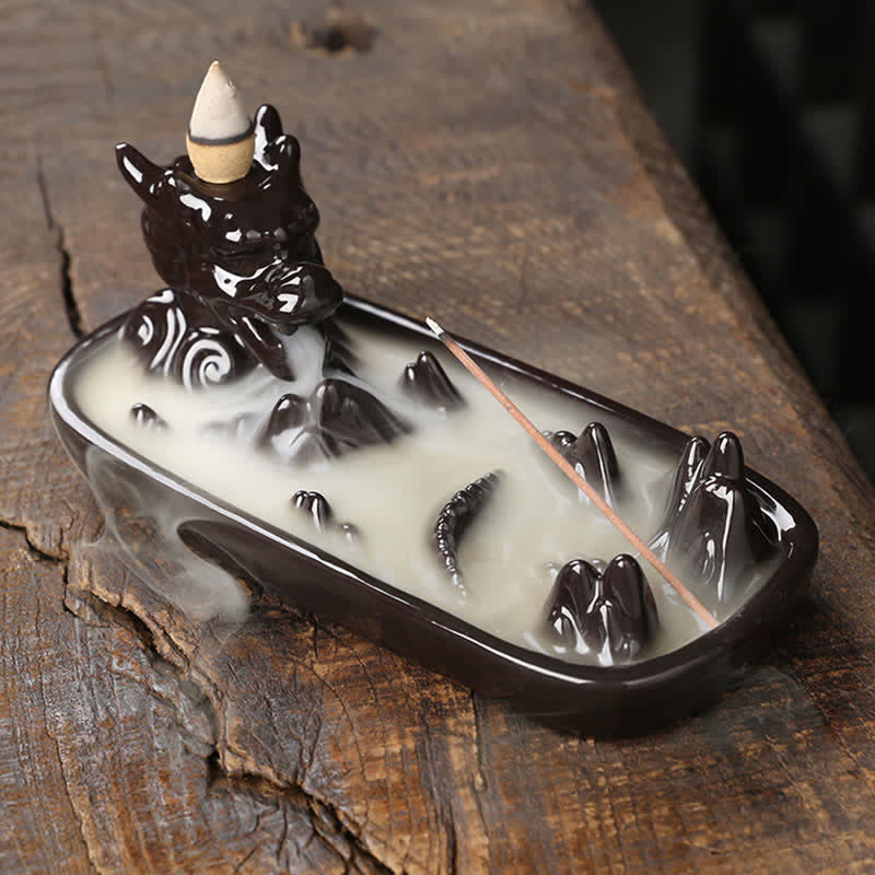 ATELIER-TIBET – Brûleur d’Encens Dragon en Céramique Montagne à Reflux