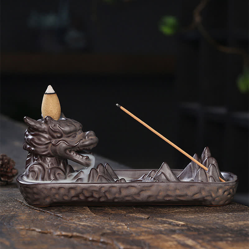 ATELIER-TIBET – Brûleur d’Encens Dragon en Céramique Montagne à Reflux