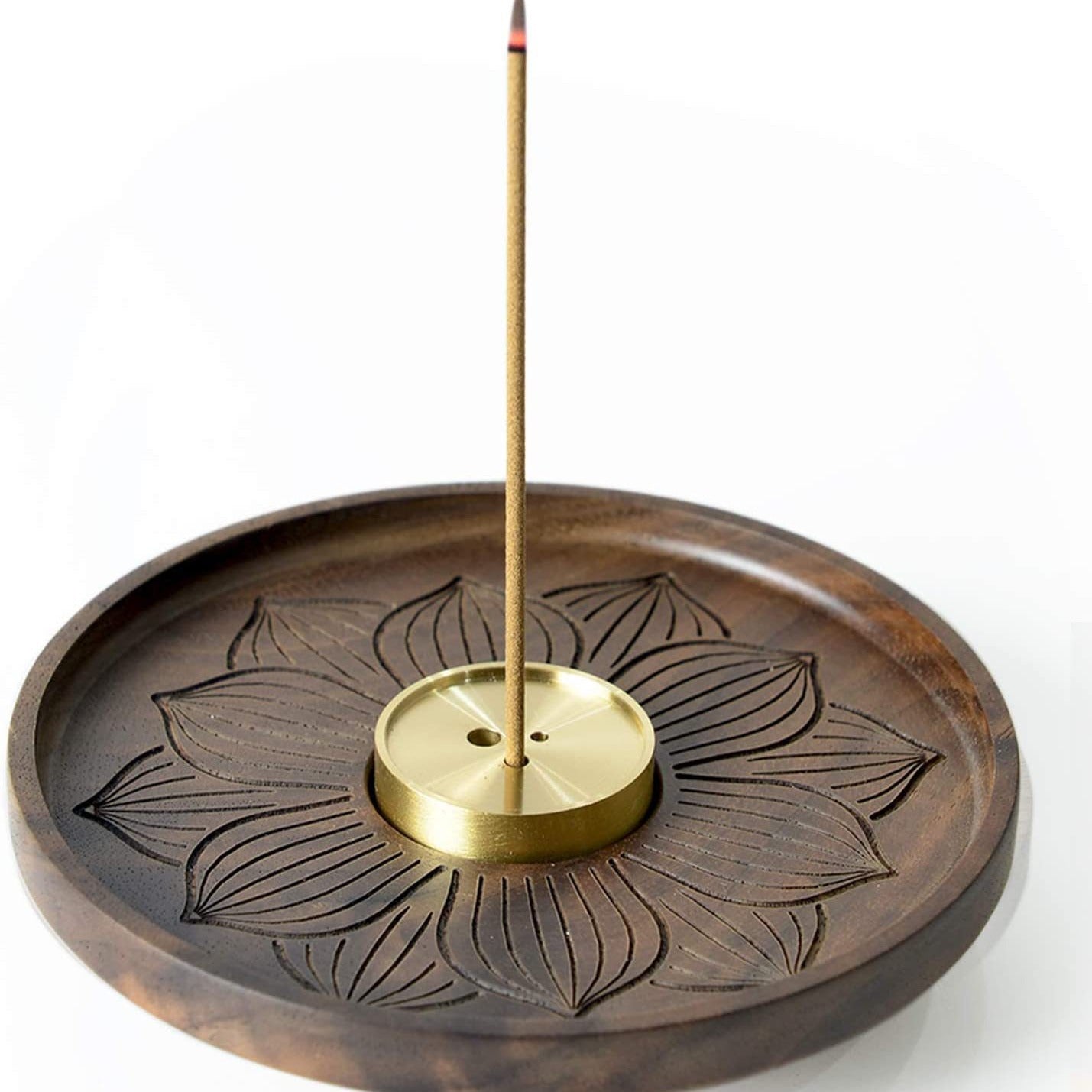 ATELIER-TIBET Porte-Encens en Noyer Noir & Laiton – Lotus Sculpté (12 cm)