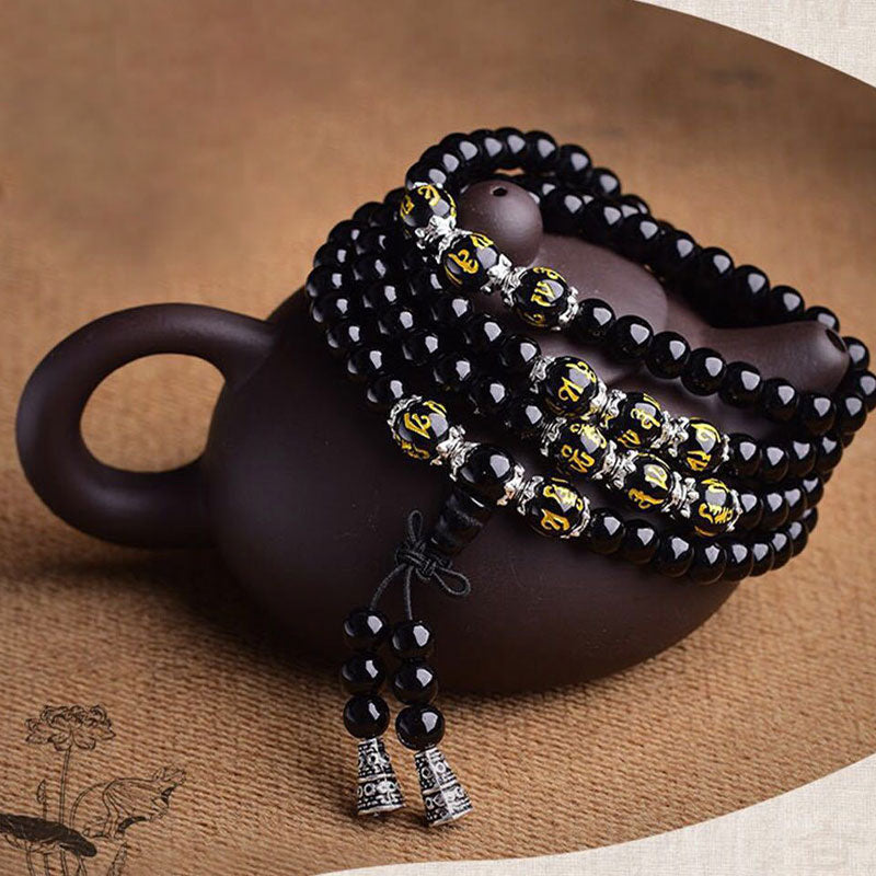 ATELIER-TIBET – Bracelet Mala de Protection en Obsidienne Noire 6 mm – Six Mots Sacrés
