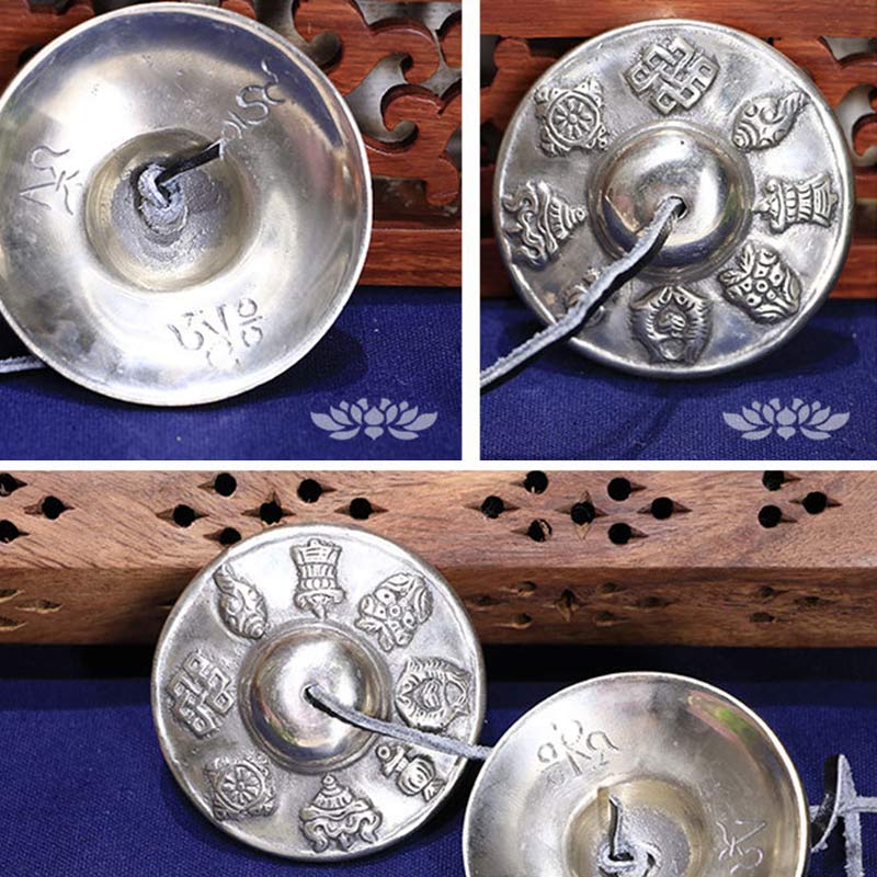 ATELIER-TIBET Cloches Tingsha Tibétaines en Cuivre Blanc – Six Mots Véritables et Symboles Auspicieux