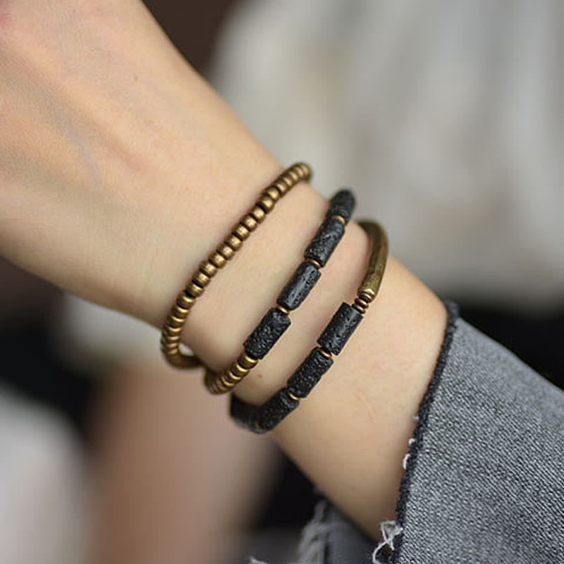 ATELIER-TIBET – Bracelet Spirituel Multi-Tours en Pierre de Lave 6 mm & Cuivre