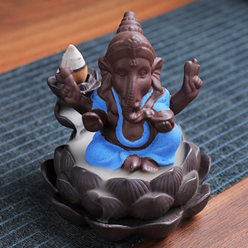 ATELIER-TIBET Brûleur d'encens à reflux en argile violette avec protection contre la fumée de l'éléphant Ganesh