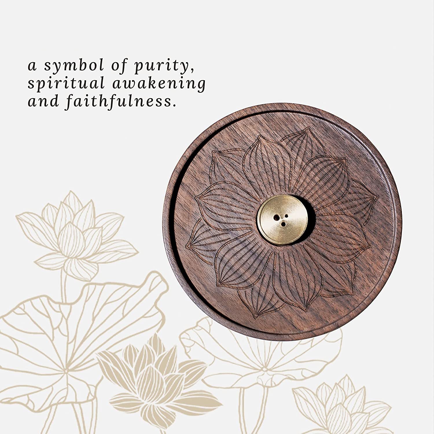 ATELIER-TIBET Porte-Encens en Noyer Noir & Laiton – Lotus Sculpté (12 cm)