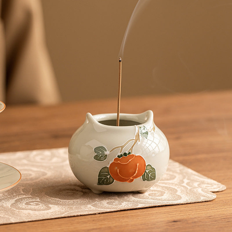 ATELIER-TIBET Porte-Encens en Céramique Shi Shi Ru Yi – Motif Kakis Auspicieux (6,7 cm)