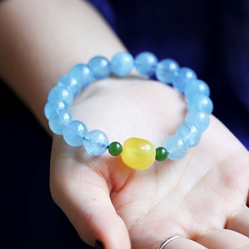 ATELIER-TIBET – Bracelet Sérénité en Aigue-Marine & Ambre Naturels 8 mm | Harmonie & Apaisement Symbolique