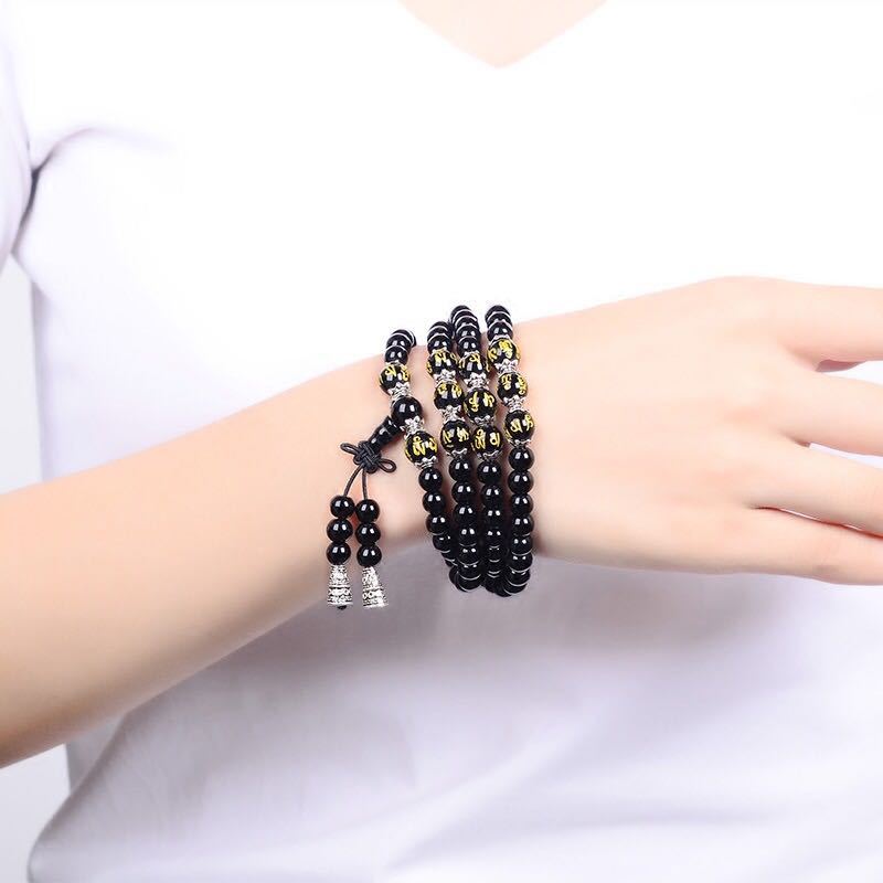 ATELIER-TIBET – Bracelet Mala de Protection en Obsidienne Noire 6 mm – Six Mots Sacrés