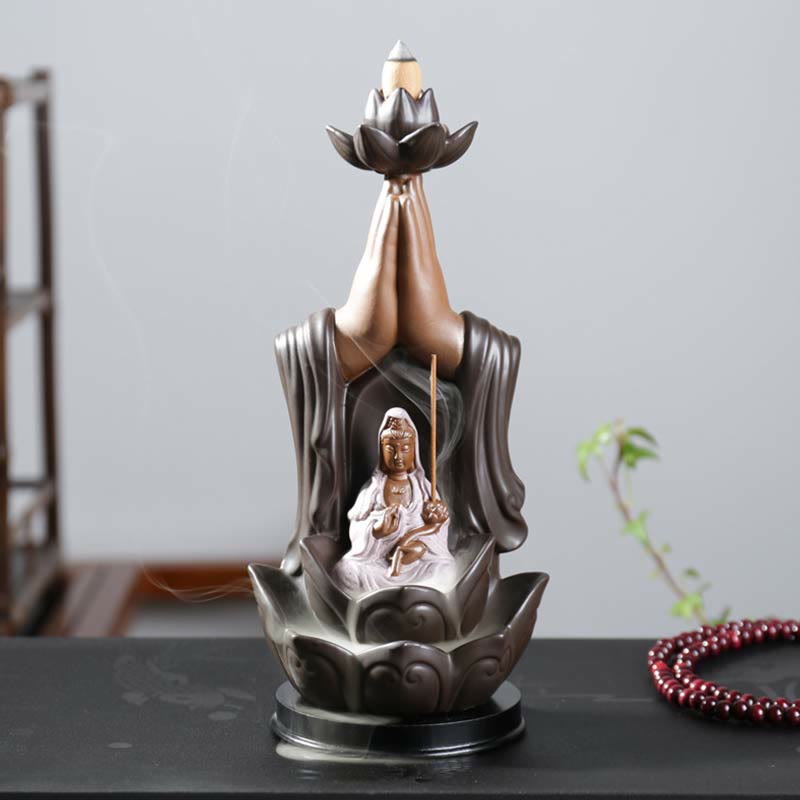 ATELIER-TIBET Brûleur d'encens à reflux en céramique Bouddha Avalokitesvara Chenrezig Ksitigarbha avec bénédiction du lotus