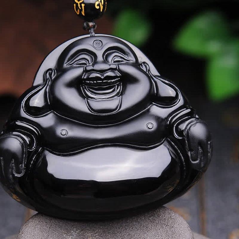 ATELIER-TIBET – Pendentif Bouddha Rieur en Obsidienne Noire Naturelle