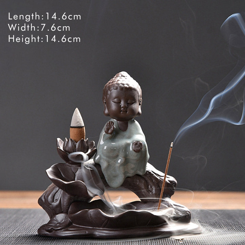 ATELIER-TIBET Brûleur d'encens en céramique avec bénédiction de lotus et petit moine en Buddha Stones