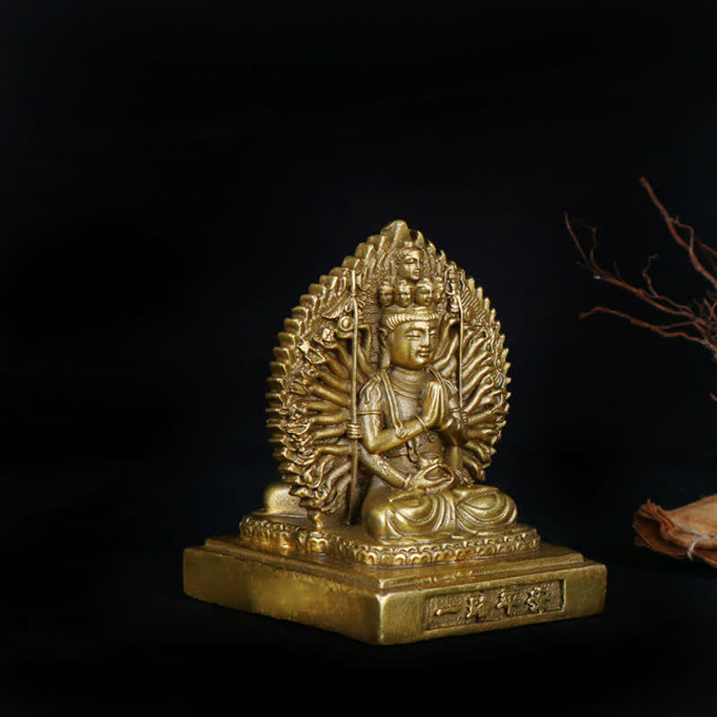 ATELIER-TIBET Figurine d'Avalokitesvara à mille mains de Chenrezig, statue de protection double face Kuan Yin Bodhisattva en cuivre massif, décoration