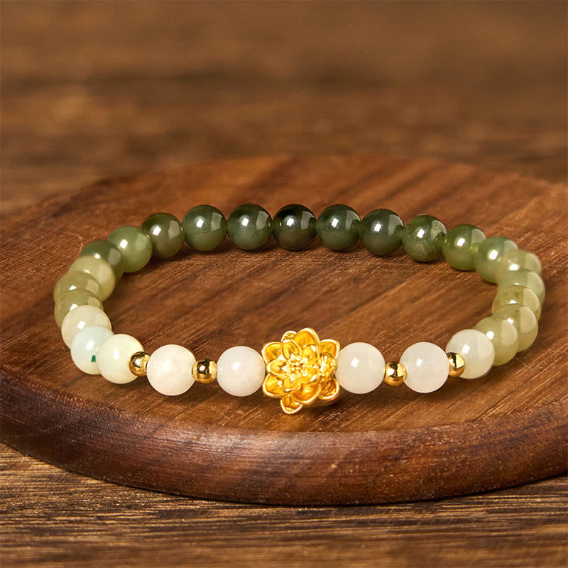 ATELIER-TIBET Bracelet Lotus Jade Hetian 8mm – Dégradé Blanc & Vert