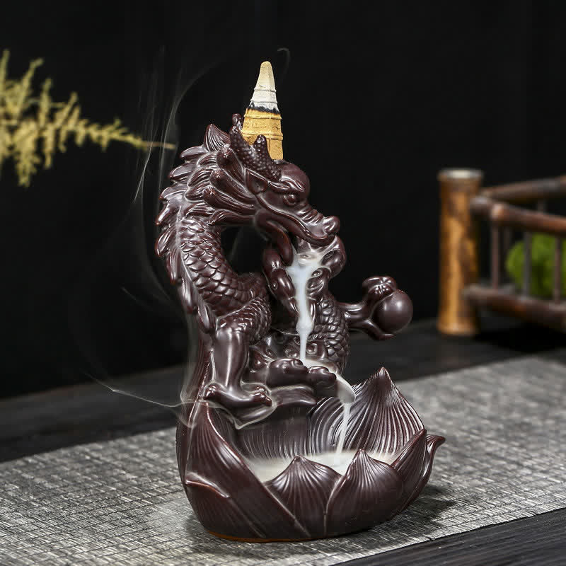ATELIER-TIBET Brûleur d'encens en céramique à motif de dragon et de lotus