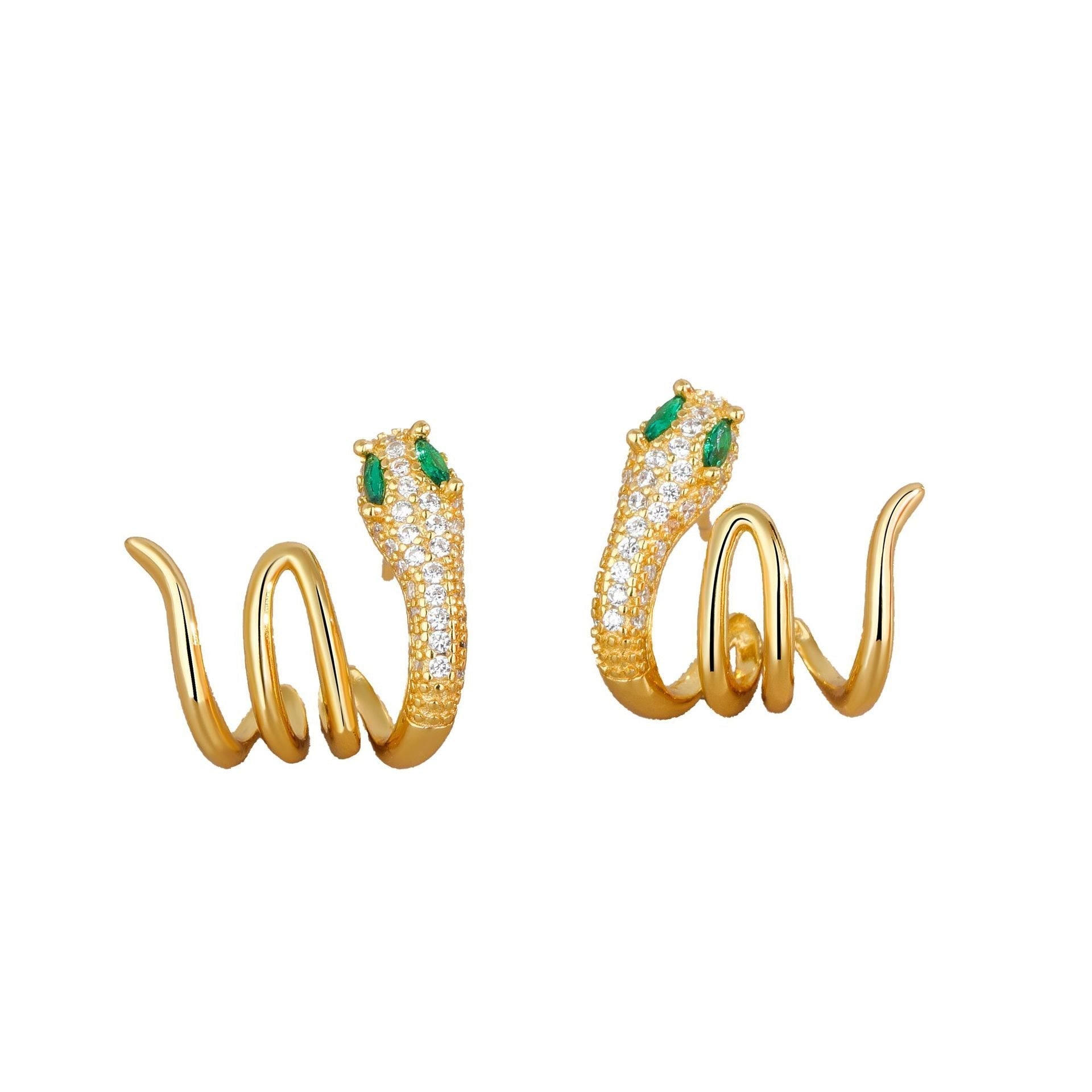 ATELIER-TIBET – Boucles d’Oreilles Serpent du Zodiaque Chinois aux Yeux Verts en Argent 925