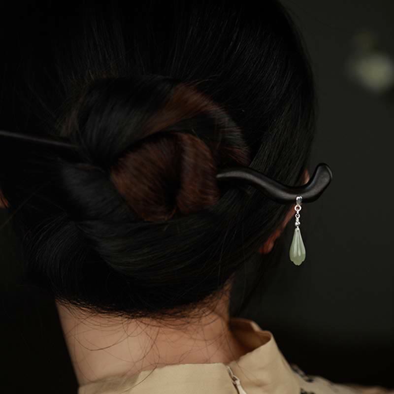 ATELIER-TIBET Pic à Cheveux Jade Hetian & Bois d’Ébène 18cm