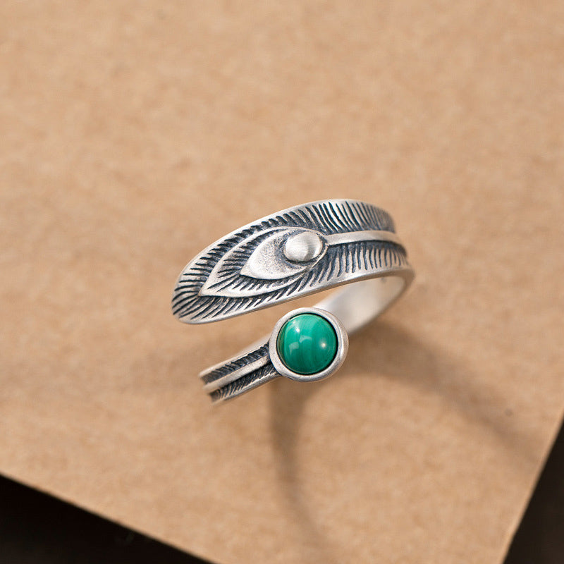 ATELIER-TIBET – Bague Plume de Protection en Malachite & Argent Sterling 925 – Anneau Symbolique Unisexe