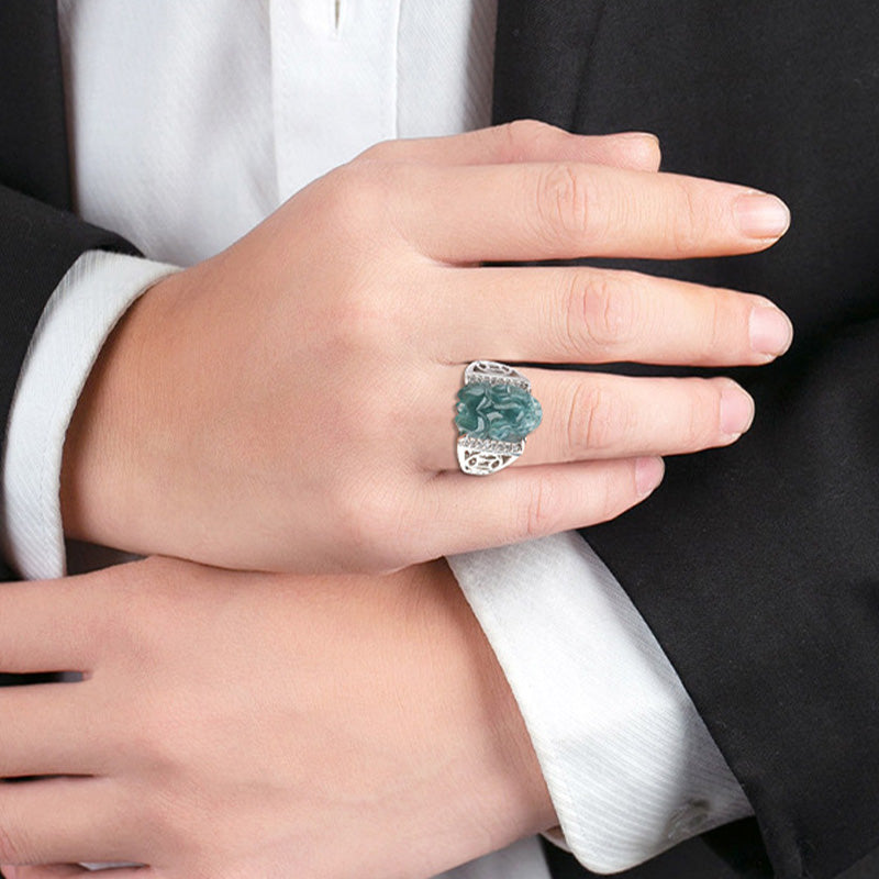 ATELIER-TIBET – Bague Pixiu en Jade Naturel & Argent Sterling 925 – Talisman Symbolique de Prospérité