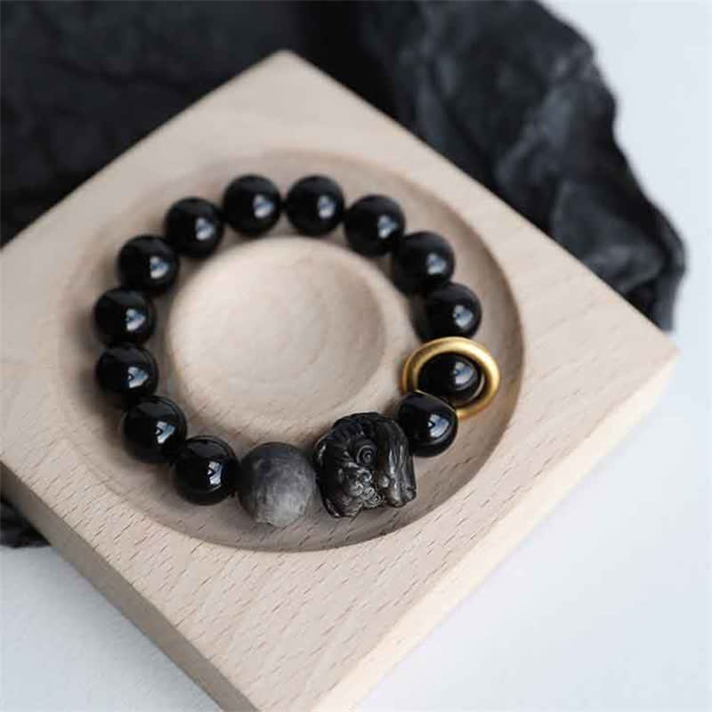 ATELIER-TIBET – Bracelet Force du Lion en Obsidienne Noire & Argentée – Perles 12 mm