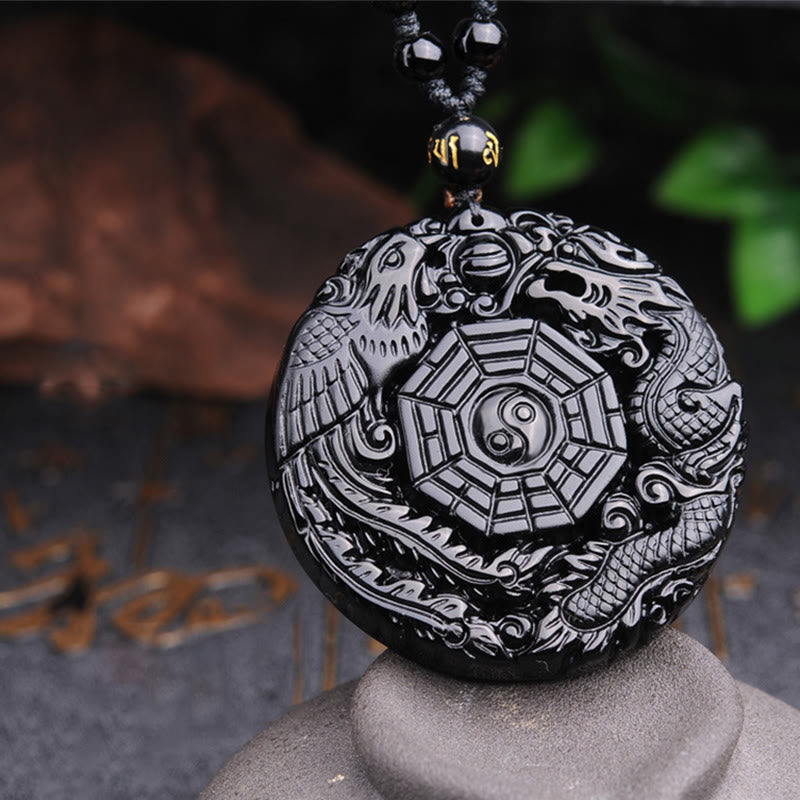 ATELIER-TIBET – Pendentif Bagua Dragon & Phénix en Obsidienne Noire Naturelle