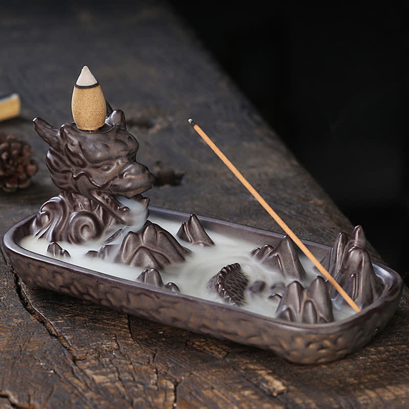 ATELIER-TIBET – Brûleur d’Encens Dragon en Céramique Montagne à Reflux