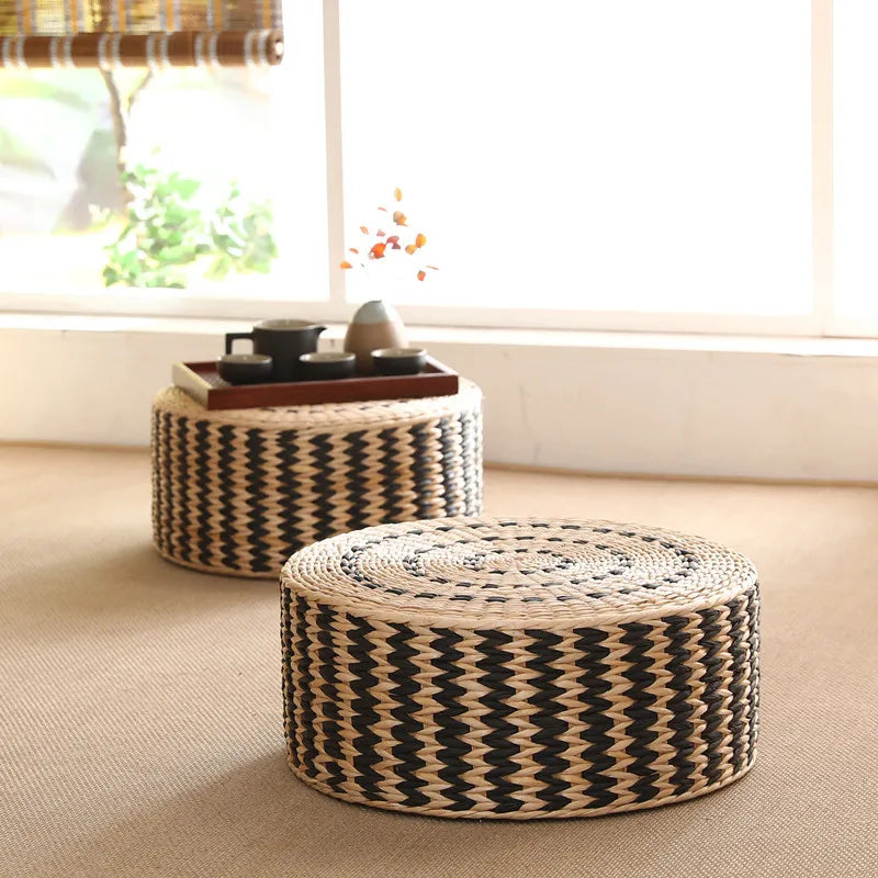 ATELIER-TIBET – Coussin Tatami Rond Japonais en Paille Tissée à la Main – 40 × 40 × 10 cm
