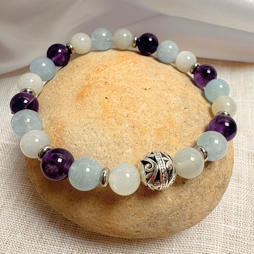 ATELIER-TIBET – Bracelet Premium Bien-Être Intérieur en Améthyste, Aigue-Marine & Pierre de Lune