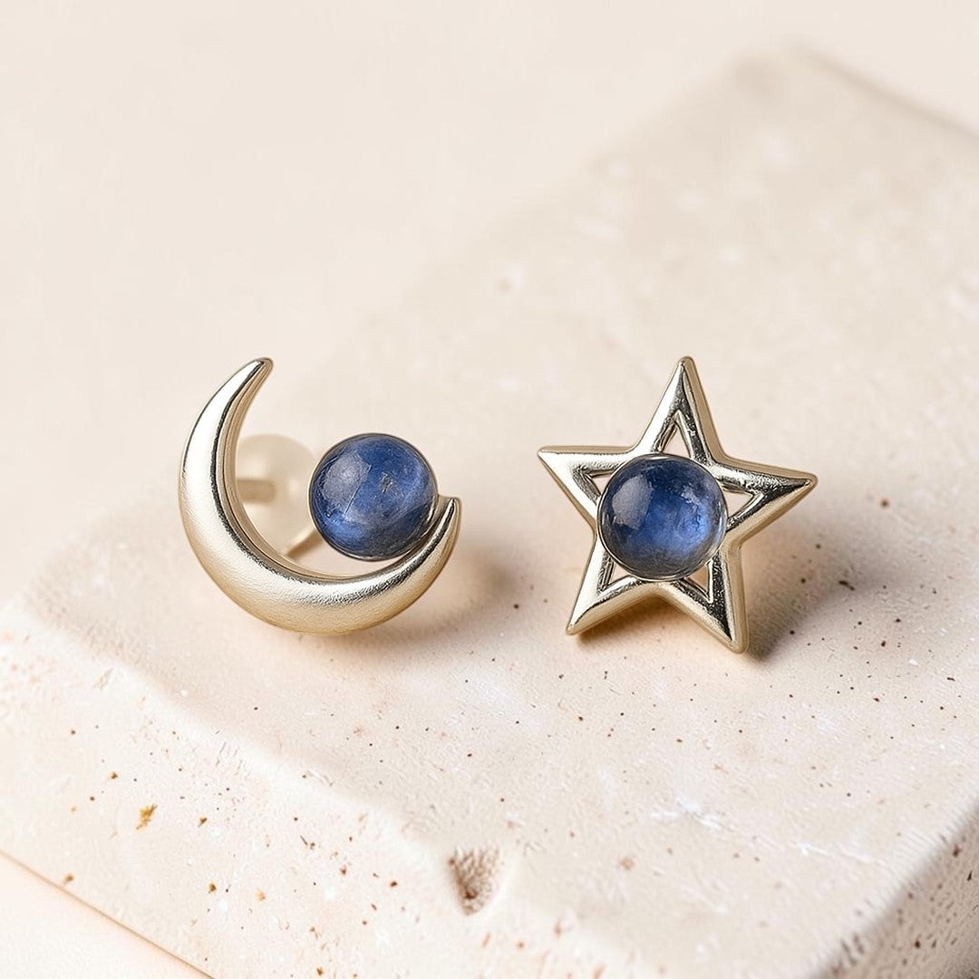 ATELIER-TIBET – Boucles d'Oreilles Lune Étoile en Labradorite & Argent