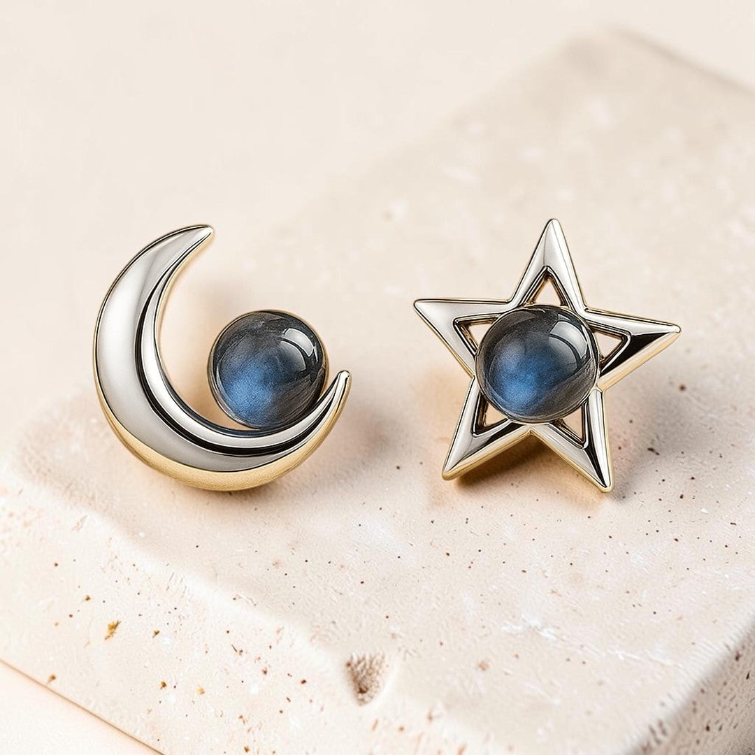 ATELIER-TIBET – Boucles d'Oreilles Lune Étoile en Labradorite & Argent