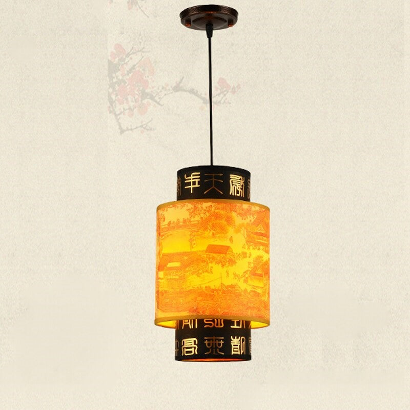 ATELIER-TIBET – Lampe Suspendue Japonaise en Bois aux Symboles Traditionnels, Lumière Zen Douce