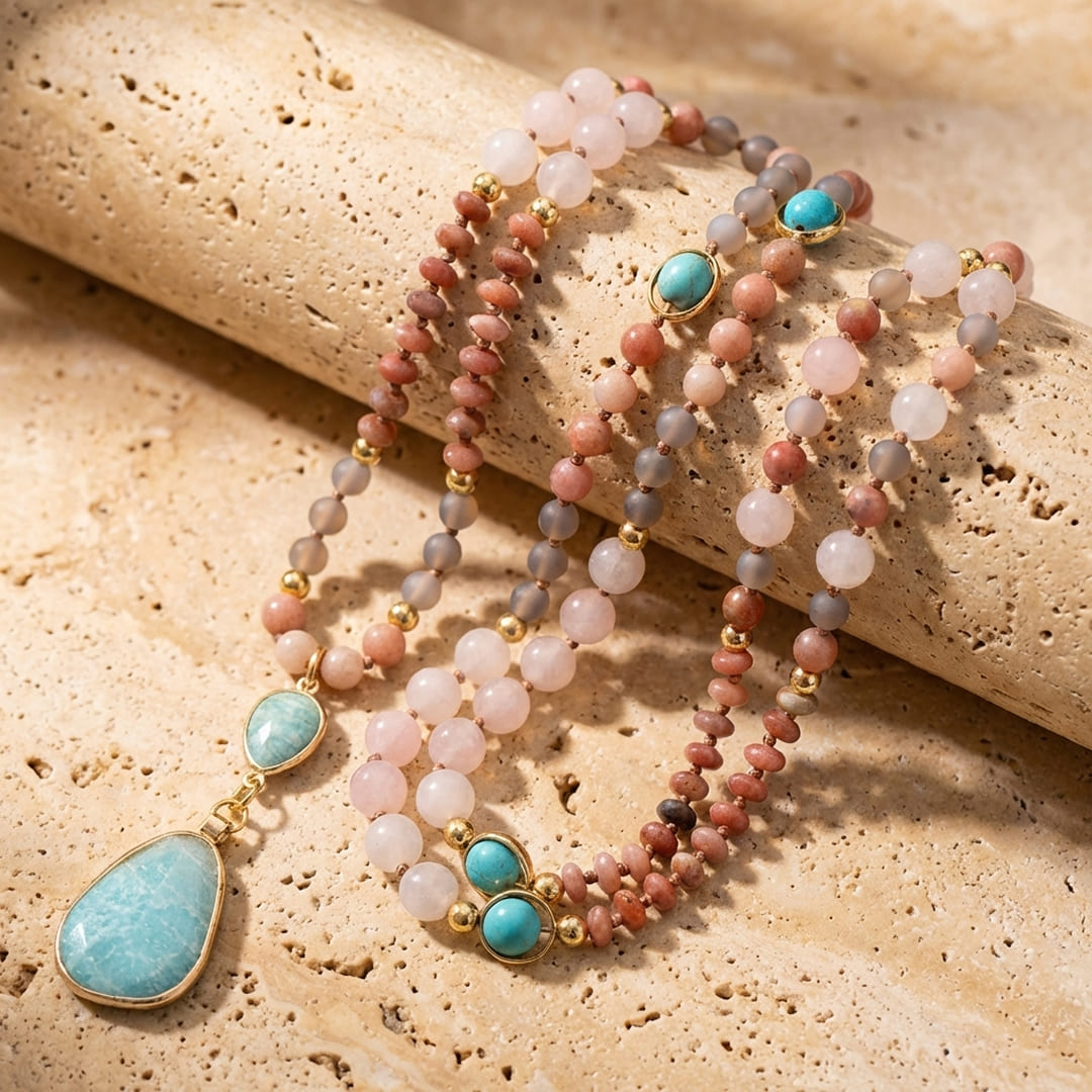 ATELIER-TIBET – Collier Mala Ethnique en Turquoise, Amazonite, Quartz Rose & Rhodonite