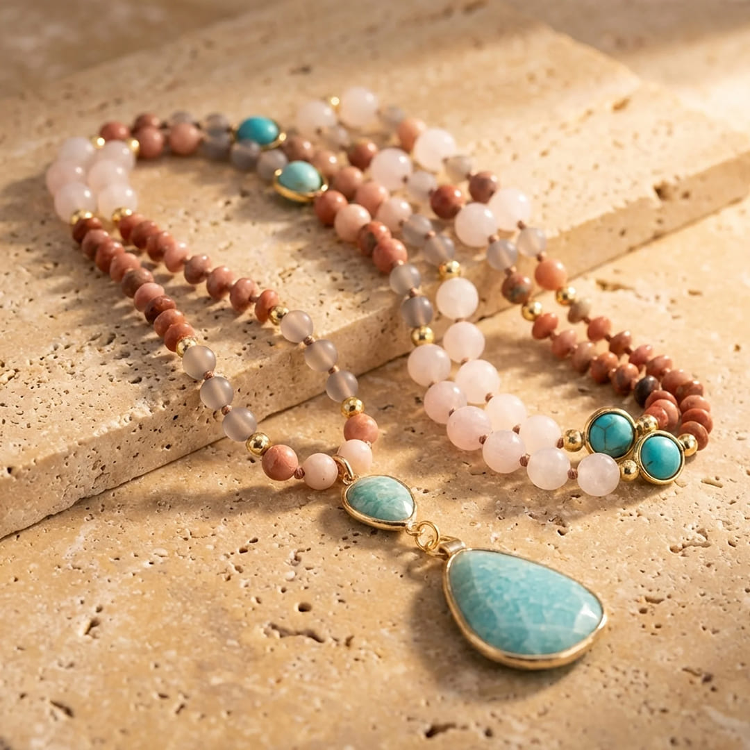 ATELIER-TIBET – Collier Mala Ethnique en Turquoise, Amazonite, Quartz Rose & Rhodonite