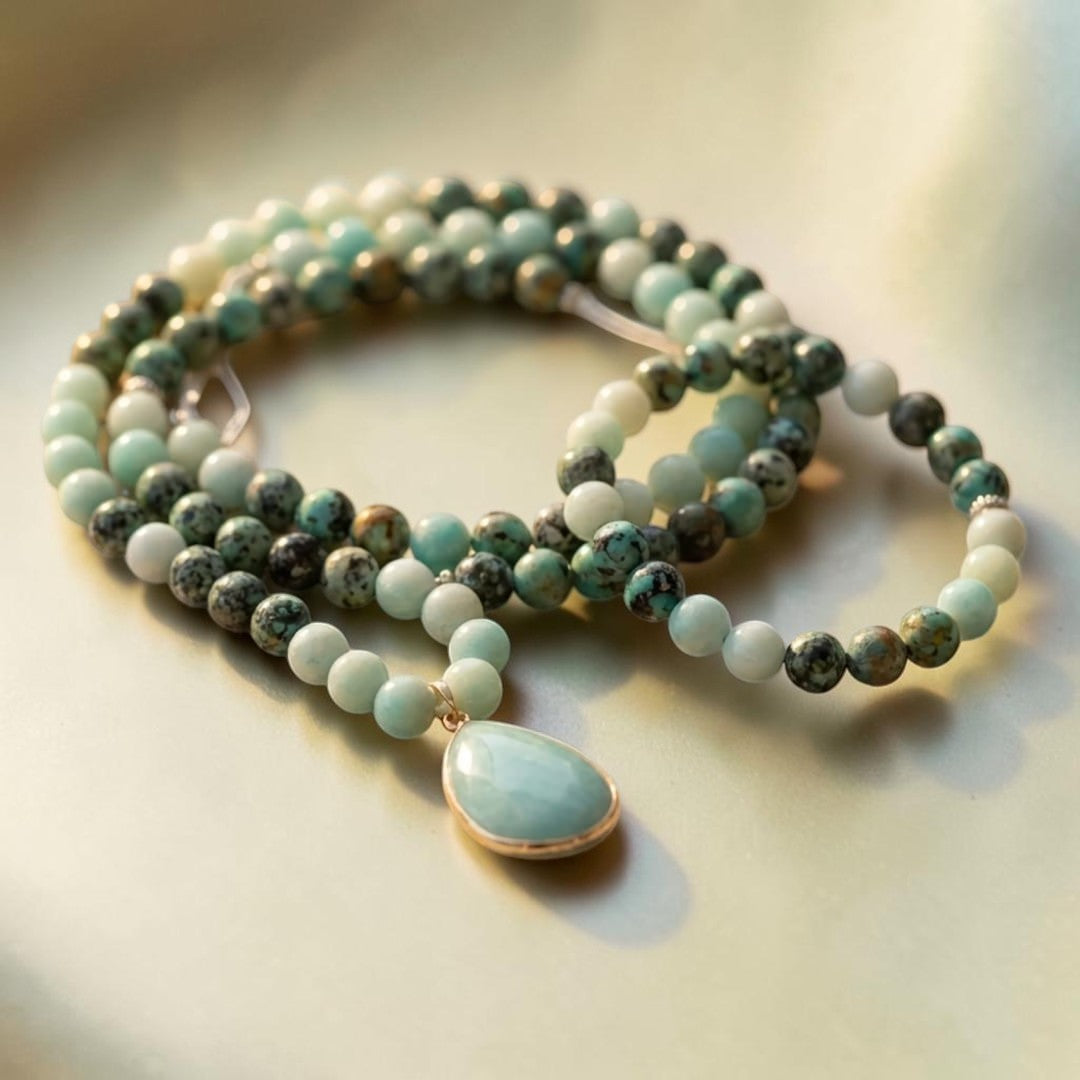 ATELIER-TIBET – Collier Mala Lâcher Prise en Amazonite & Turquoise Africaine
