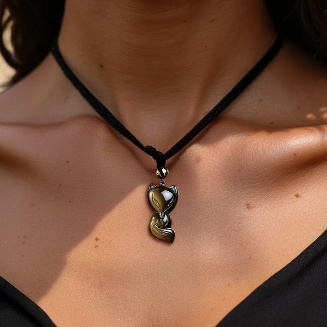 ATELIER-TIBET – Pendentif Renard Sage en Obsidienne Dorée