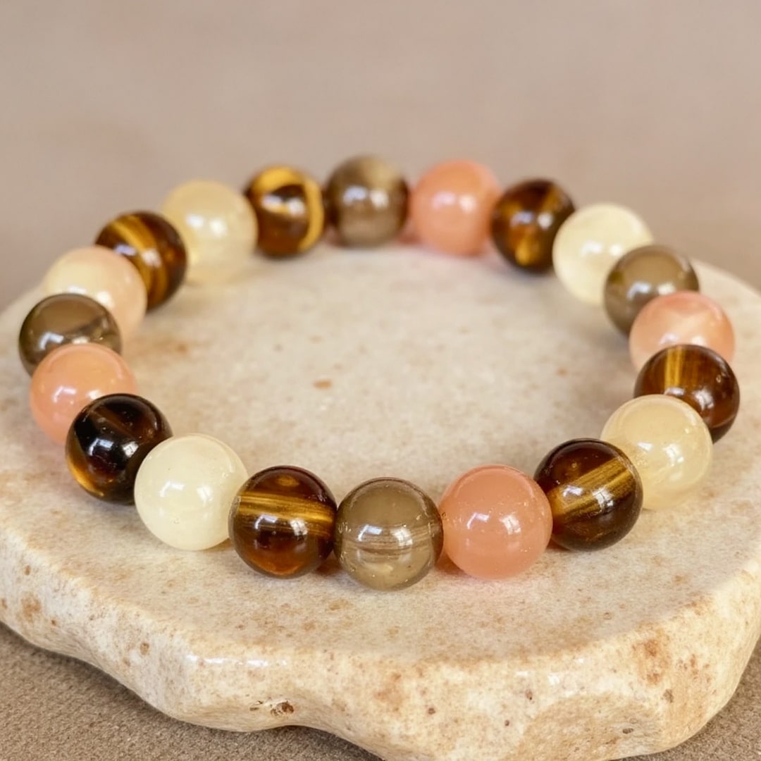 ATELIER-TIBET – Bracelet Énergie Solaire en Quartz Fumé, Oeil de Tigre & Quartz Rutile Doré