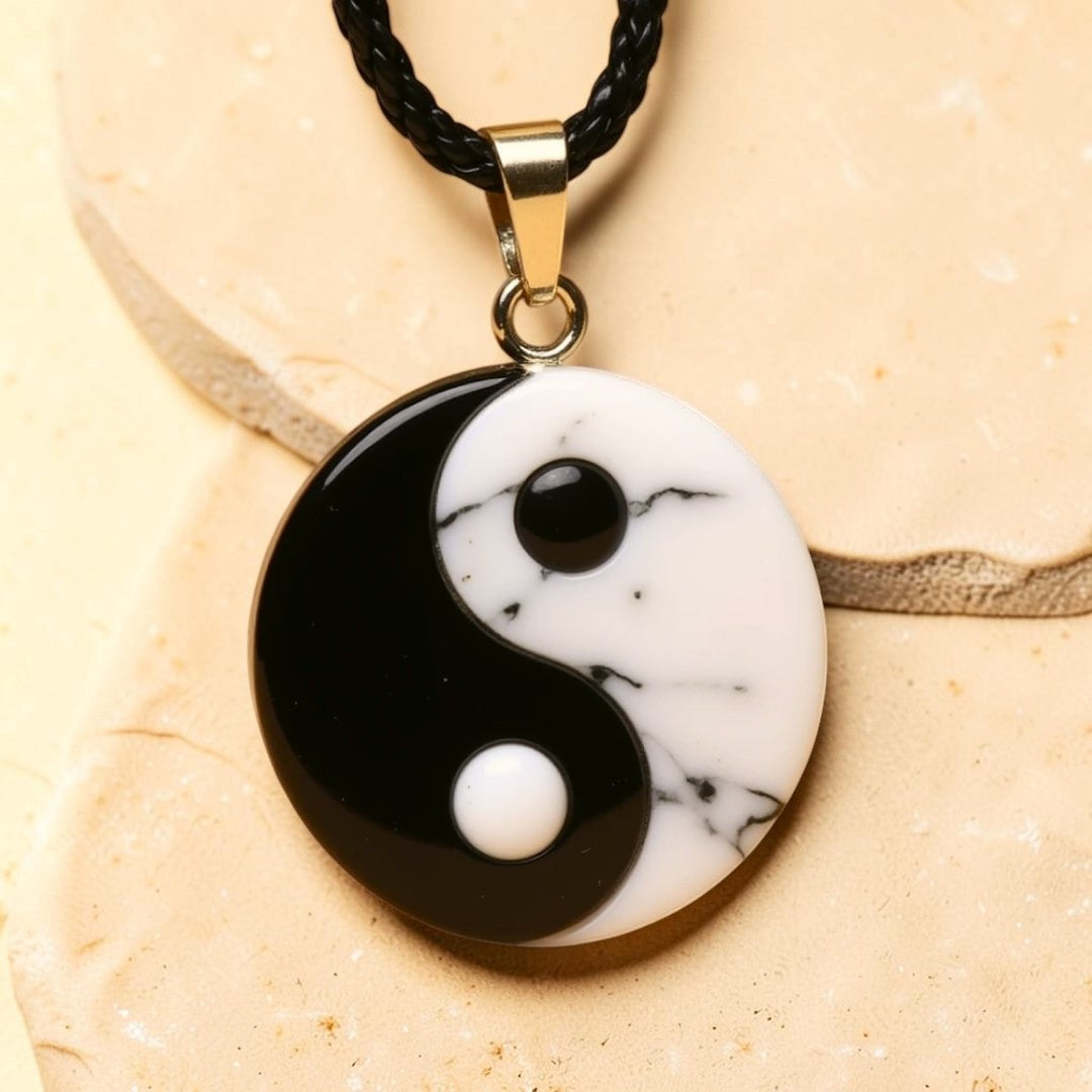 ATELIER-TIBET – Pendentif Yin-Yang en Howlite & Obsidienne Noire