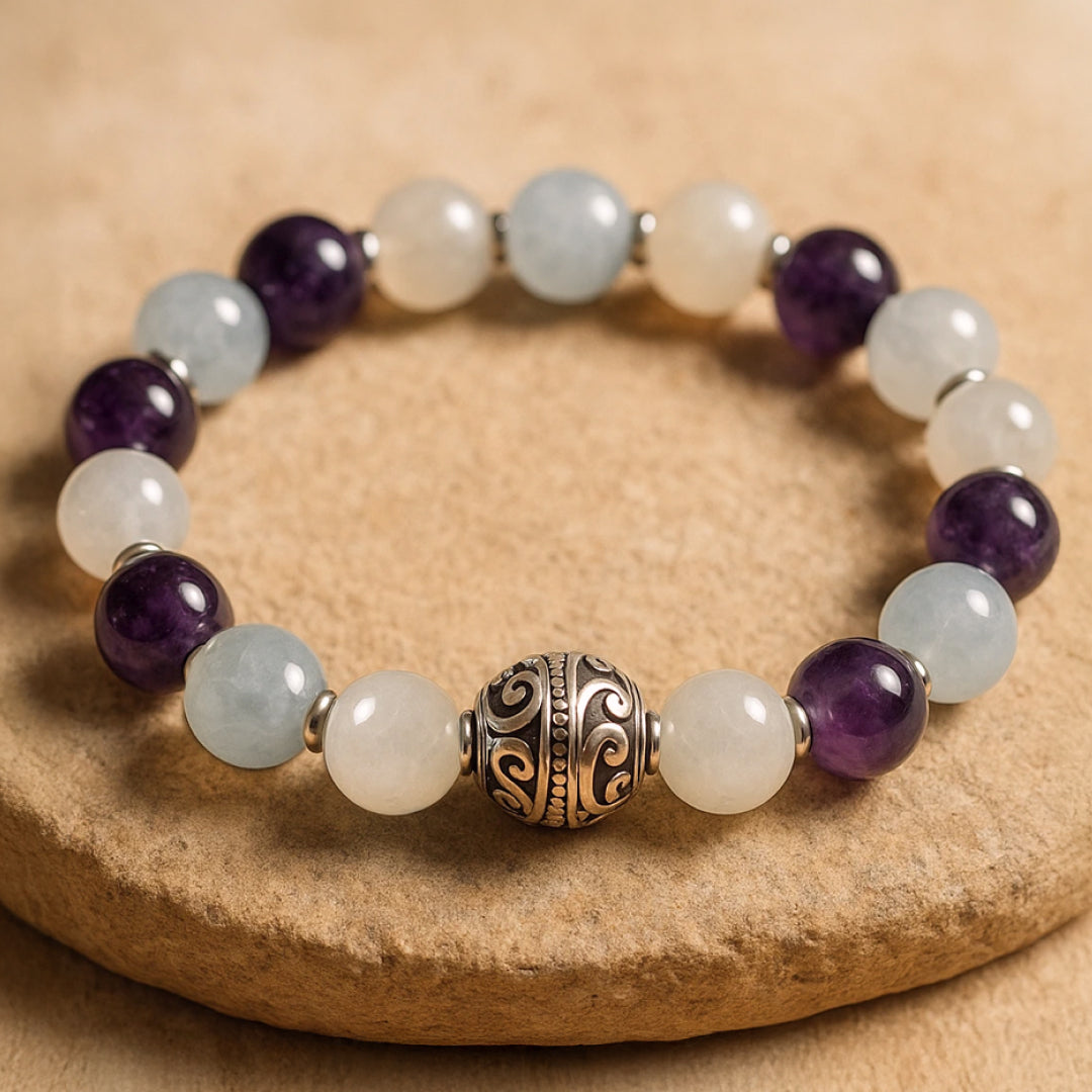 ATELIER-TIBET – Bracelet Premium Bien-Être Intérieur en Améthyste, Aigue-Marine & Pierre de Lune