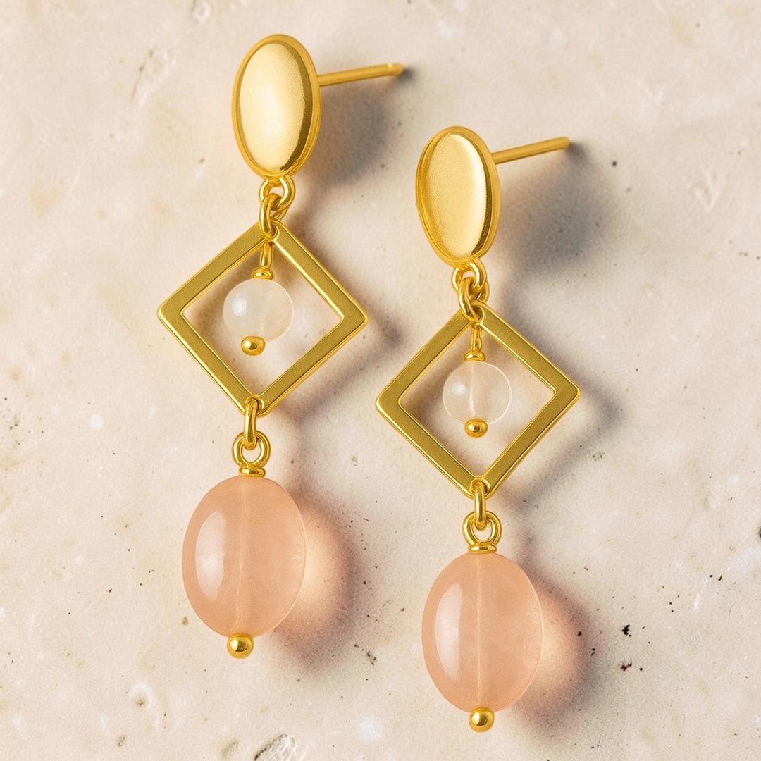 ATELIER-TIBET – Boucles d’Oreilles Émotion & Élégance en Quartz Rose & Pierre de Lune