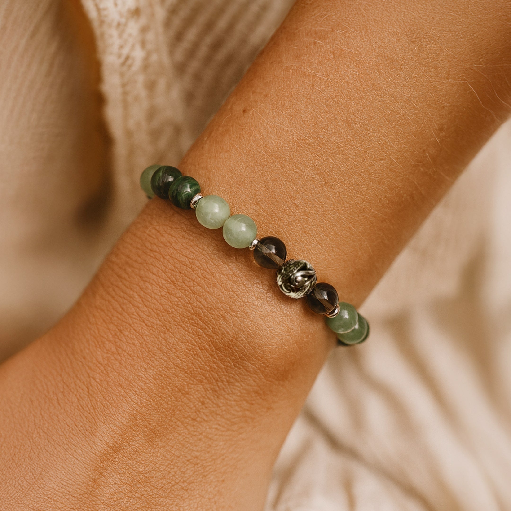 ATELIER-TIBET – Bracelet Chance & Protection en Aventurine, Malachite & Quartz Fumé