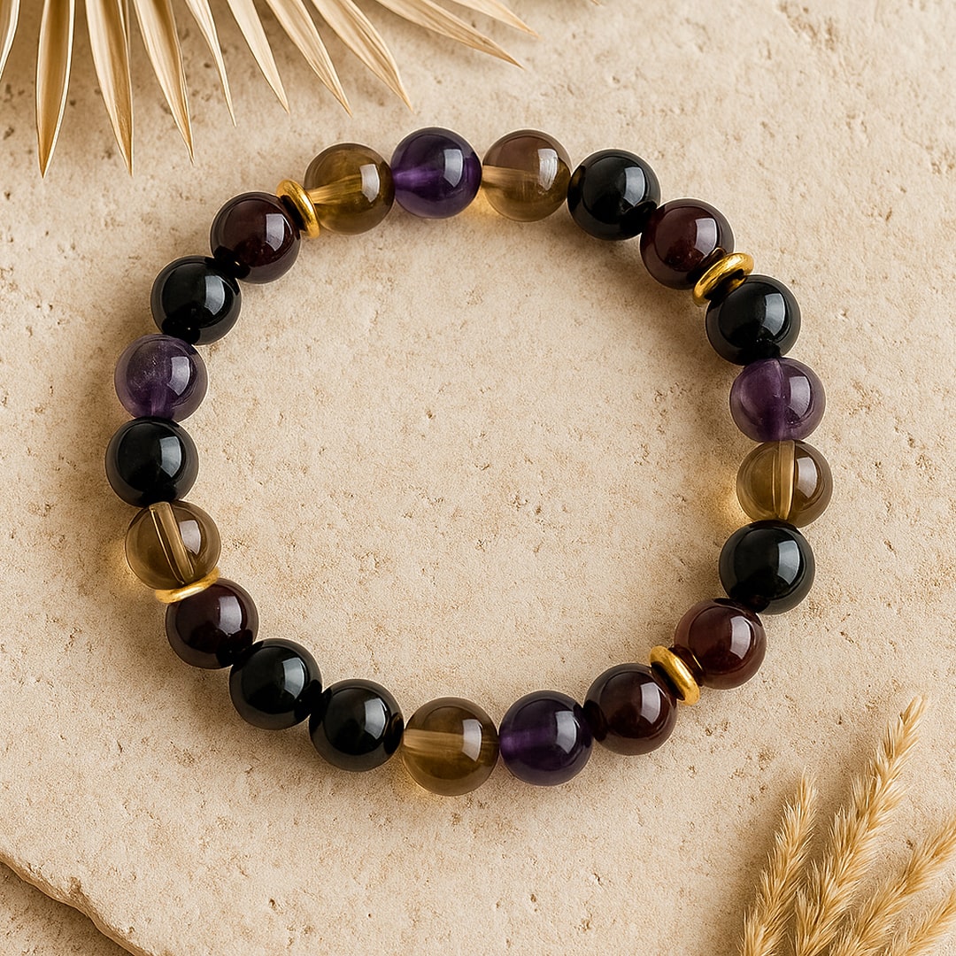 ATELIER-TIBET – Bracelet Harmonie & Protection en Shungite, Quartz Fumé, Améthyste & Grenat