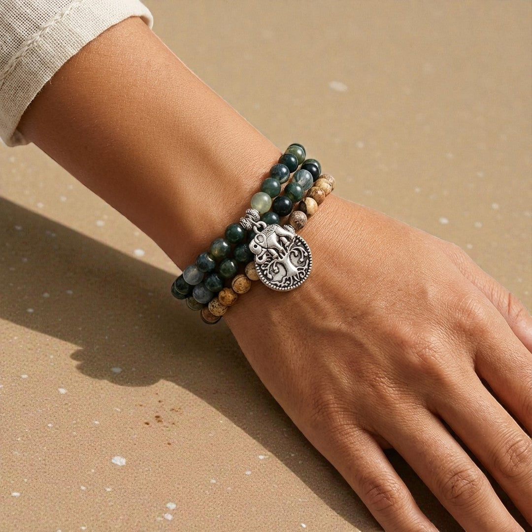 ATELIER-TIBET – Bracelet Mala Gaia en Agate Mousse & Jaspe Paysage