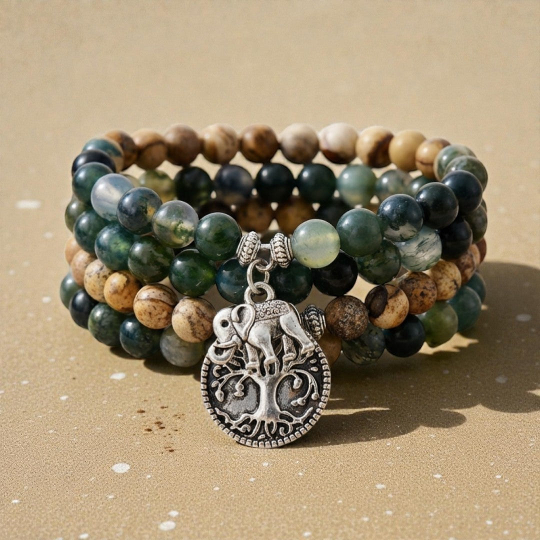 ATELIER-TIBET – Bracelet Mala Gaia en Agate Mousse & Jaspe Paysage