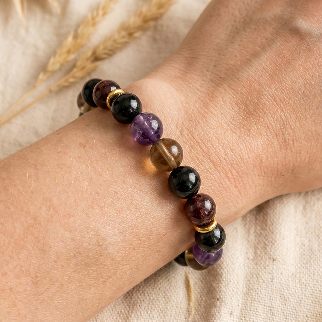ATELIER-TIBET – Bracelet Harmonie & Protection en Shungite, Quartz Fumé, Améthyste & Grenat