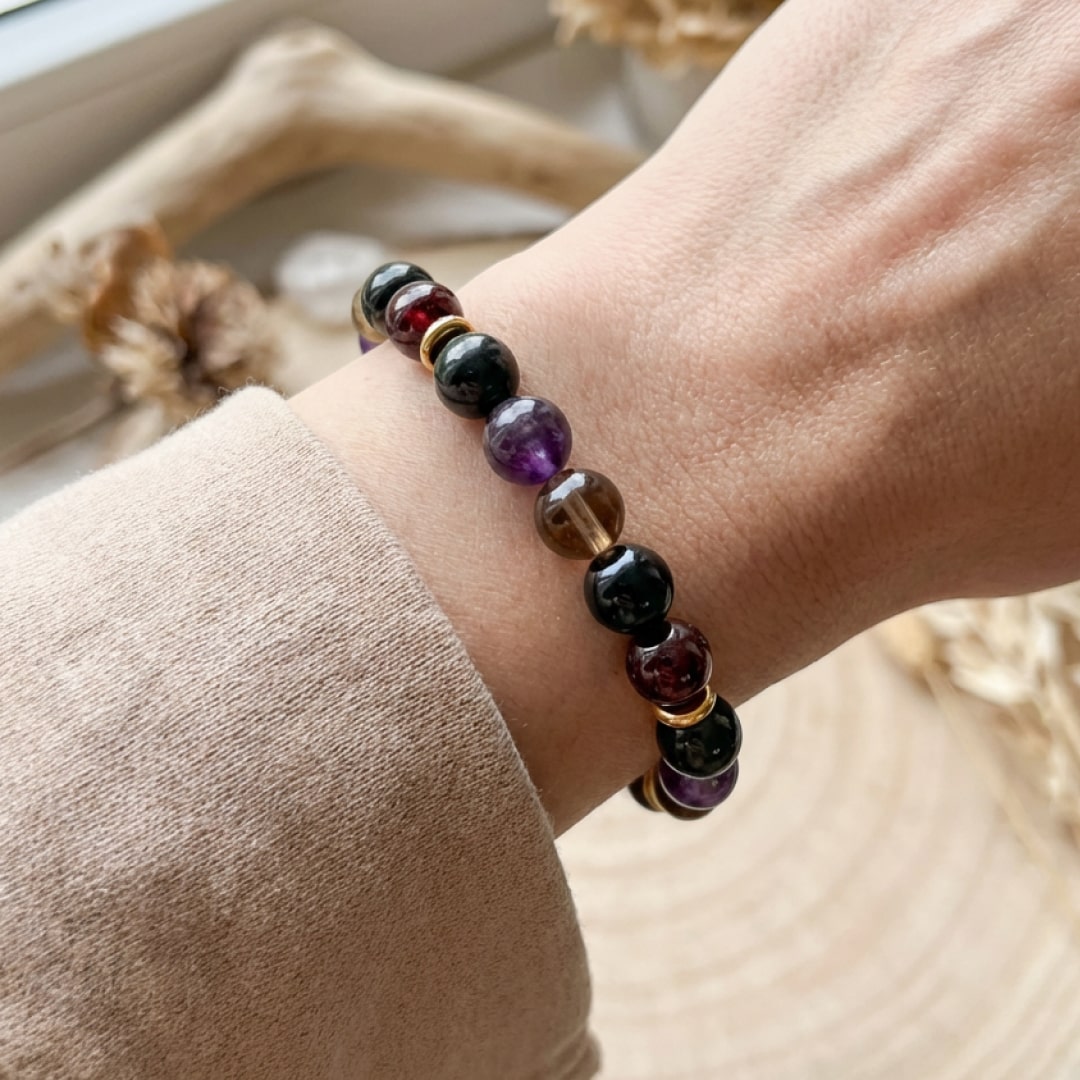 ATELIER-TIBET – Bracelet Harmonie & Protection en Shungite, Quartz Fumé, Améthyste & Grenat