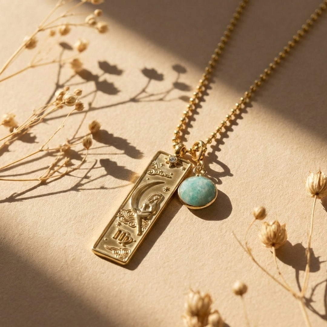 ATELIER-TIBET – Collier Rectangle - Signe Astrologique et sa Pierre Naturelle