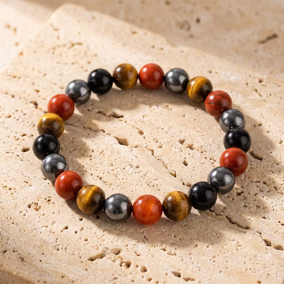 ATELIER-TIBET – Bracelet Ancrage & Protection en Tourmaline, Jaspe Rouge, Hématite & Oeil de Tigre