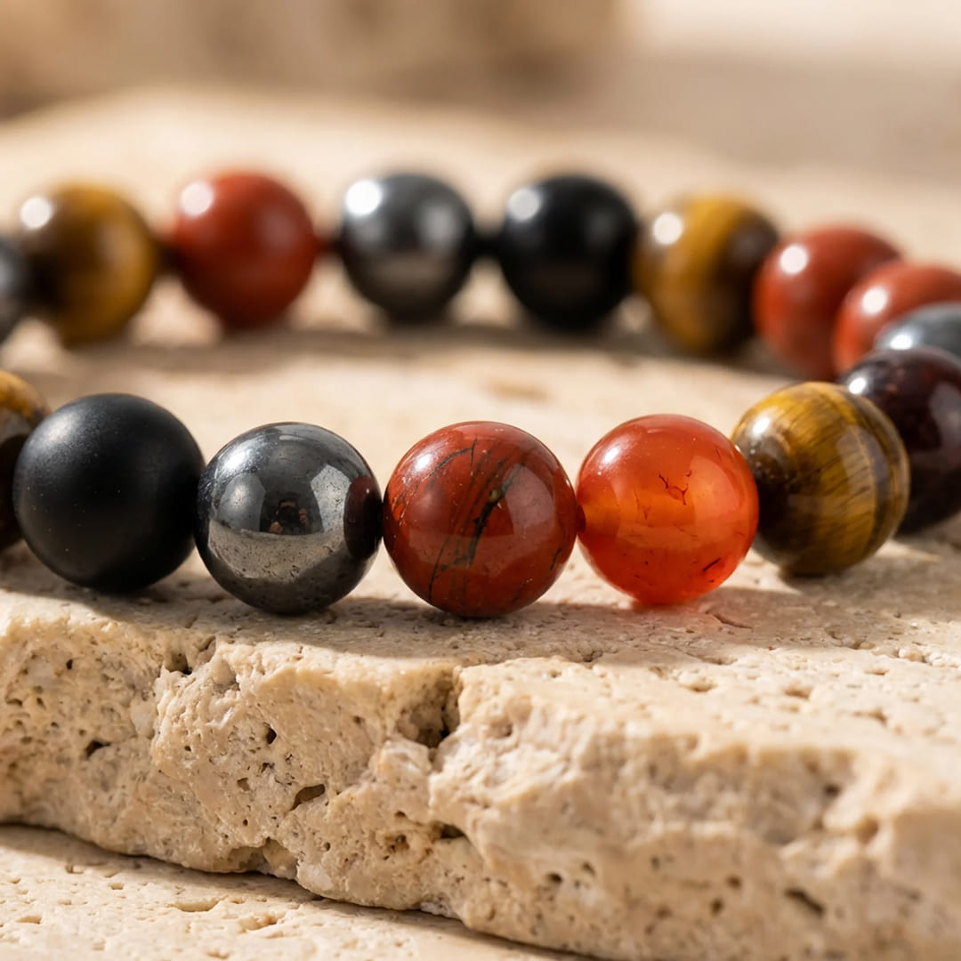 ATELIER-TIBET – Bracelet Ancrage & Protection en Tourmaline, Jaspe Rouge, Hématite & Oeil de Tigre