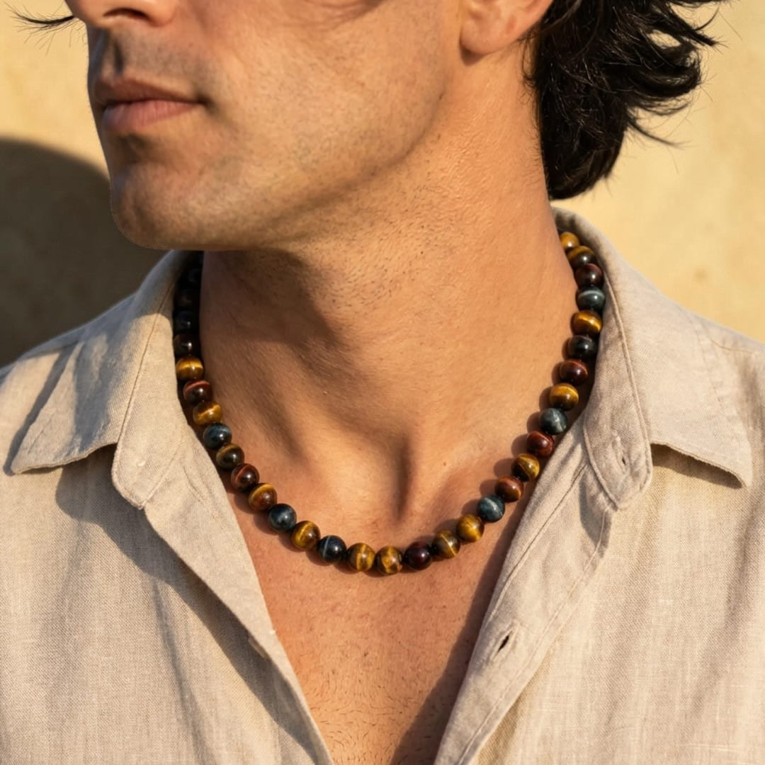 ATELIER-TIBET – Collier Oeil Multiple en Oeil de Tigre, Oeil de Faucon & Oeil de Taureau