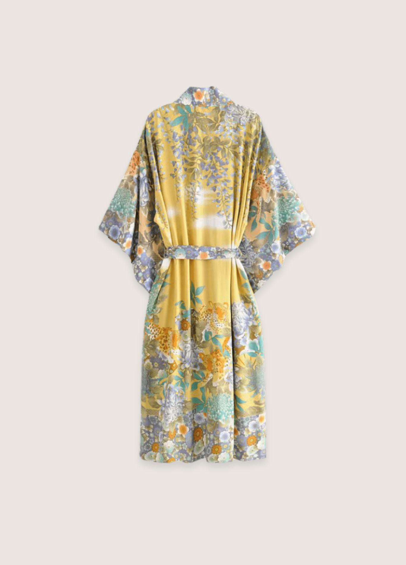 Kimono long femme motif pivoine jaune – Hyō
