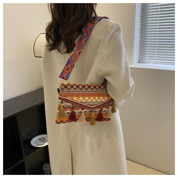 ATELIER-TIBET – Sac à bandoulière femme vintage à franges – Polyester – 28,5 cm